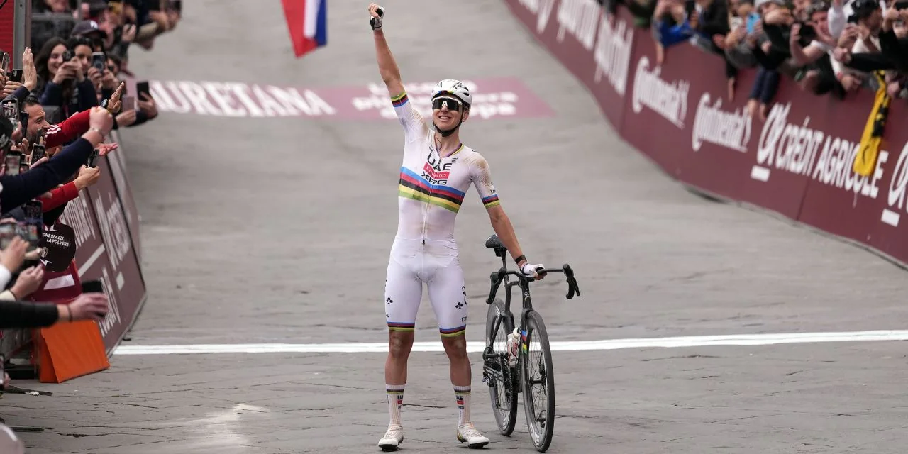 Tadej Pogačar celebrates winning Strade Bianche 2026